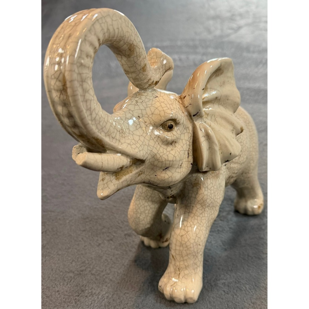 Vintage Ceramic Elephant Figurine Crackle Glaze Lucky Upturned Trunk Off-White - Picture 11 of 16